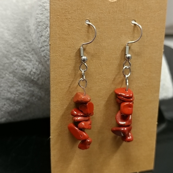 Red Jasper Earrings Natural Gemstone Chip Beaded Surgical Stainless-Steel Dangle - Picture 11 of 12